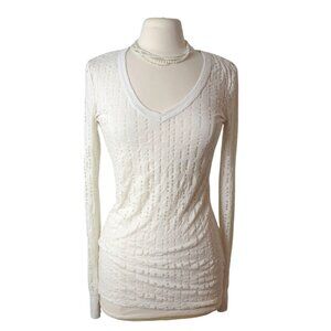 Vtg BKE Womens Textured V-Neck L White Long Slv Sheer Top Lightweight Stylish